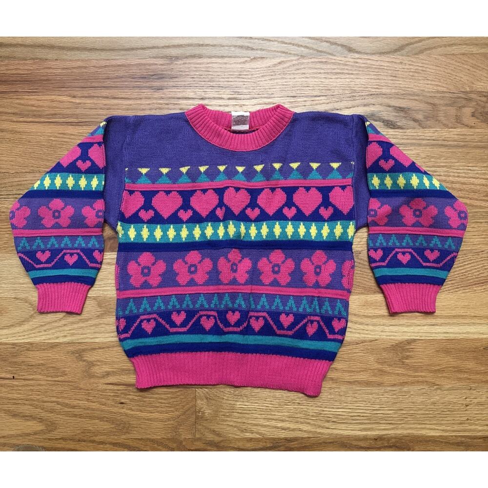 Vintage Toddler Sweater Size 4T Cozy Classic Knit AOP Cute Retro Hearts Floral